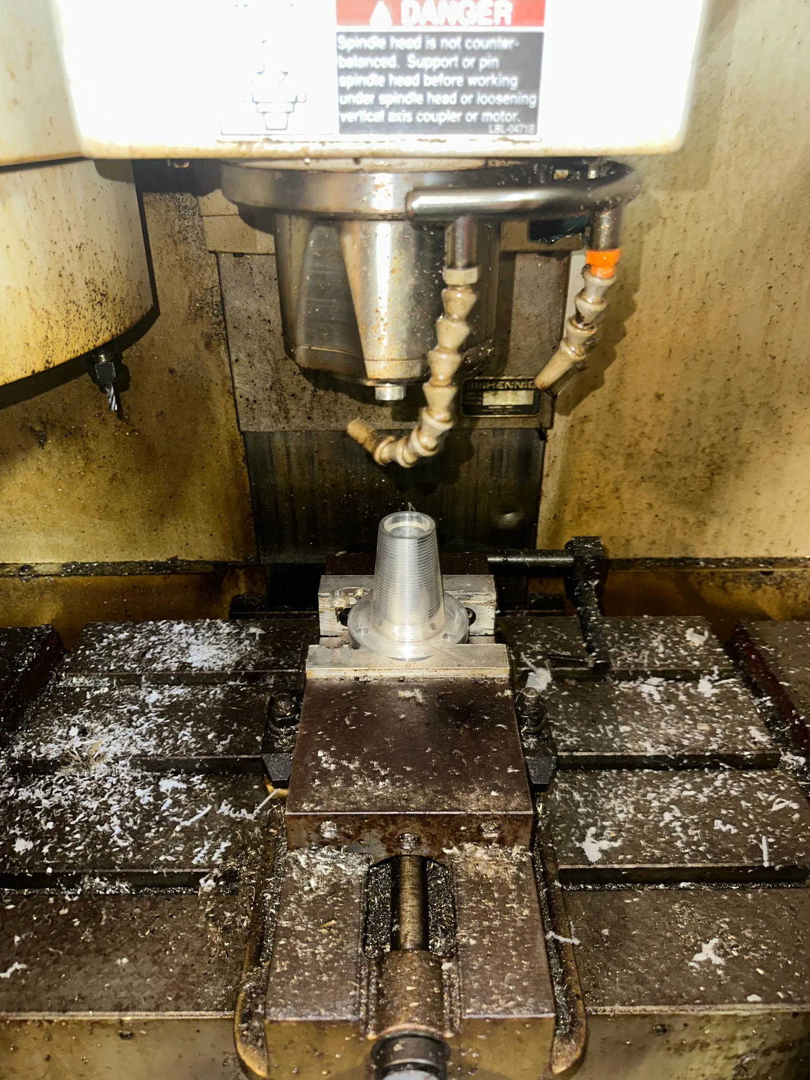 A sweeper support being machined on the CNC mill in the Clearwater shop
